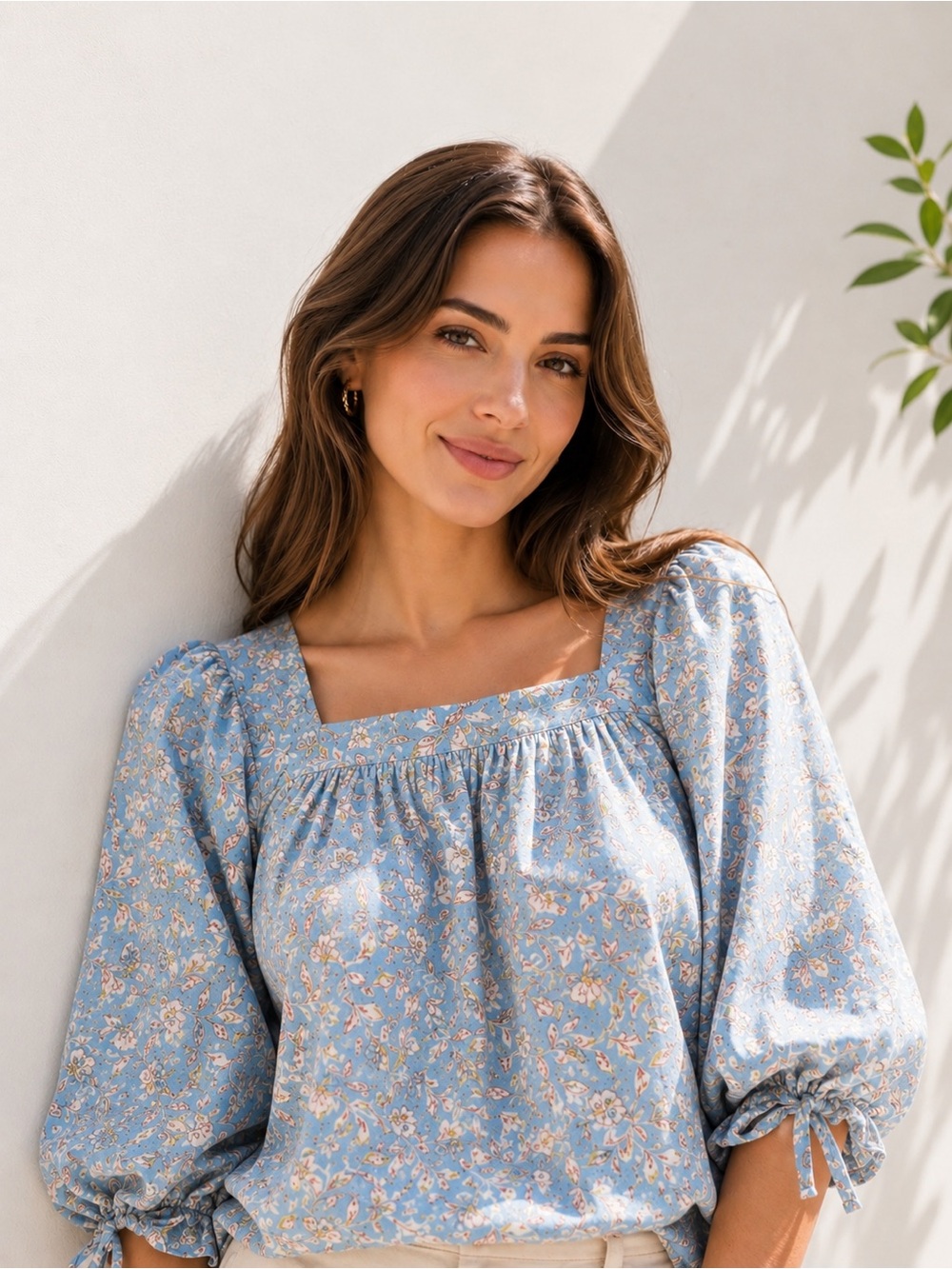LC Lauren Conrad Pale Blue Floral Square-Neck Puff Sleeve Blouse